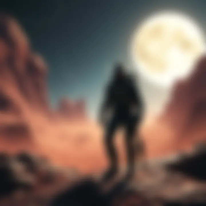 A lone cowboy in a space suit exploring a distant planet with stars in the background