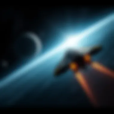 A spacecraft flies through a detailed space environment with stars and planets visible, representing the contrast between two space games.