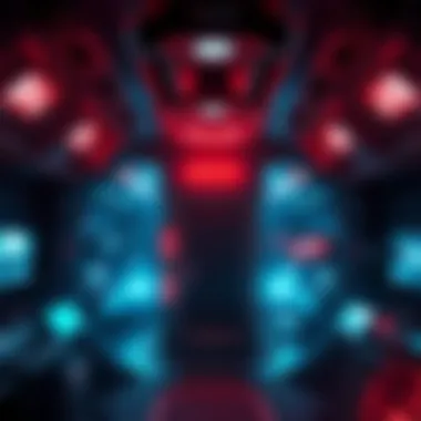 A dark spaceship interior with eerie lights and shadows, showcasing a tense atmosphere filled with alien artifacts and flickering screens.