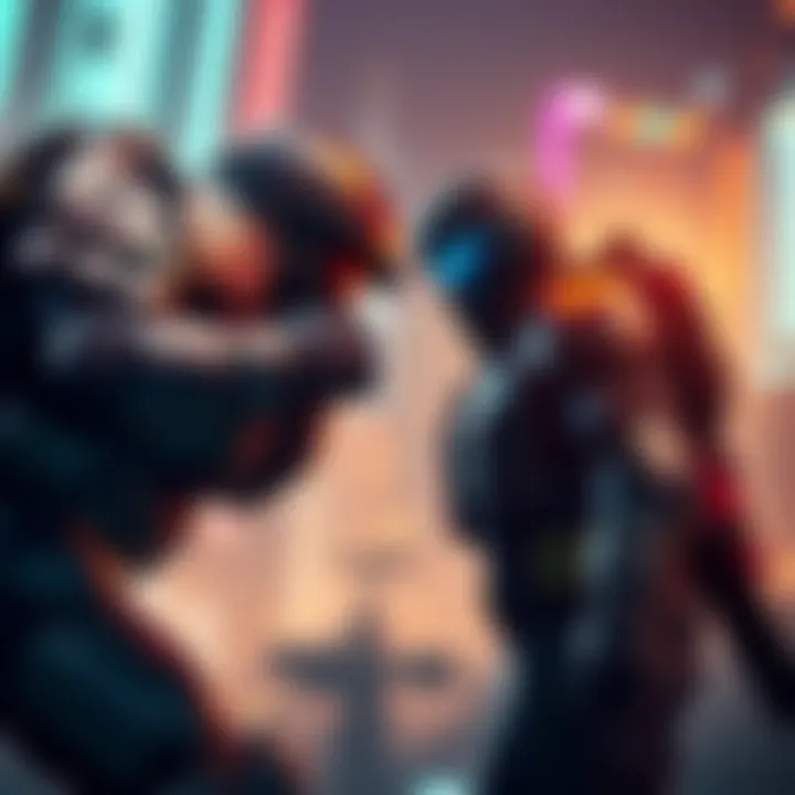 A Space Marine in heavy armor facing off against Alex Mercer, showcasing their intense battle stance in a futuristic cityscape.