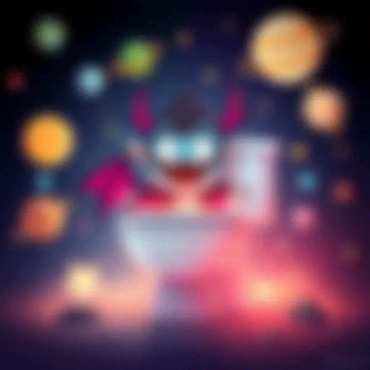 A colorful cartoon-style toilet with vampire features in a cosmic setting, surrounded by stars and planets, hinting at a battle against aliens.