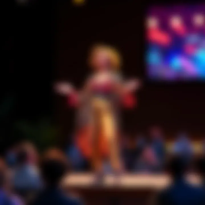 Spacemom stands on a stage sharing insights about Mesa Heirloom fashion trends with an audience, wearing a colorful outfit and accessories.
