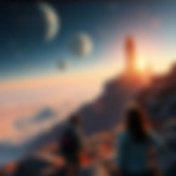 A view showing Spaceport visible from the Buried City, with locals observing in surprise.