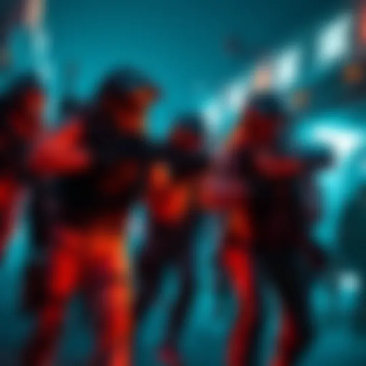 Participants in combat gear engage in an exciting night raid at a spaceport, showcasing teamwork and strategy.