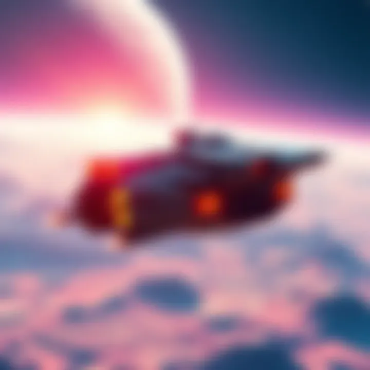 A futuristic spaceship hovering above a colorful alien planet with vibrant landscapes and distant stars in the background