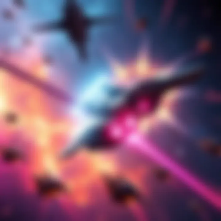 A dynamic scene of a spaceship engaging in combat against another ship in space, surrounded by colorful nebulae and stars.