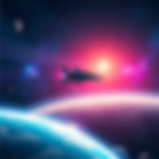 A colorful spaceship travels across a starry sky, showcasing distant planets and nebulae in a vibrant cosmic scene.