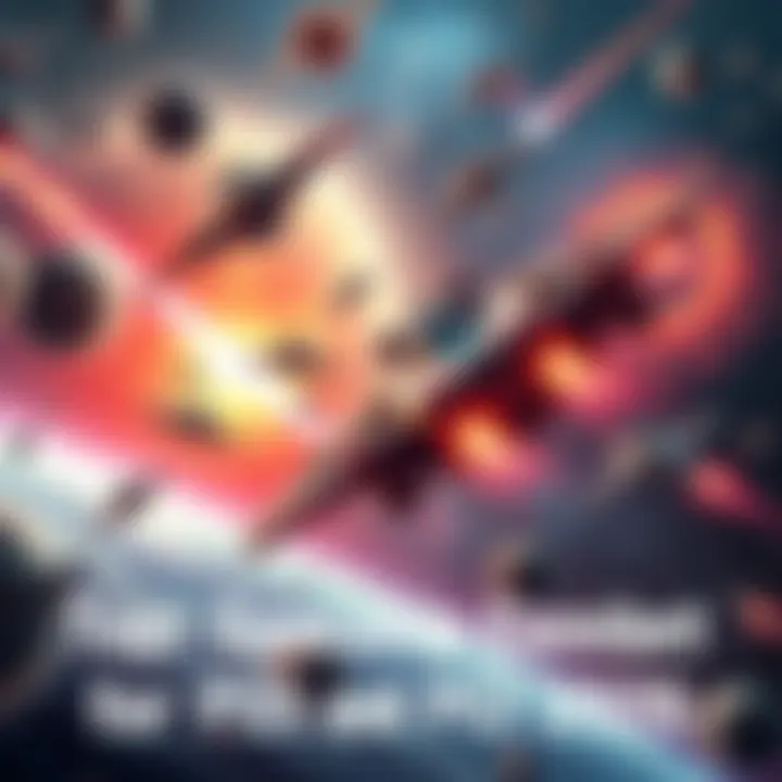 Spaceship Combat Game Scene Exciting battle scene with various spaceships engaged in combat among colorful planets and stars, highlighting ship upgrades and PvE gameplay.