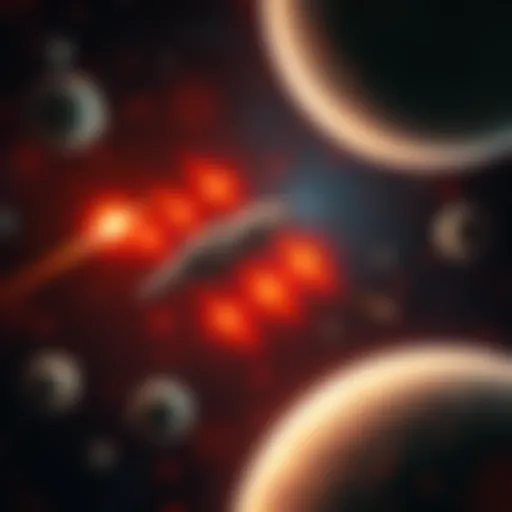 A player's spaceship in FTL surrounded by stars and planets, showcasing gameplay action.