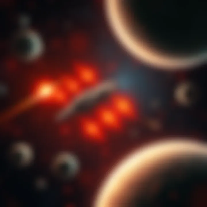 Spaceship in FTL A player's spaceship in FTL surrounded by stars and planets, showcasing gameplay action.