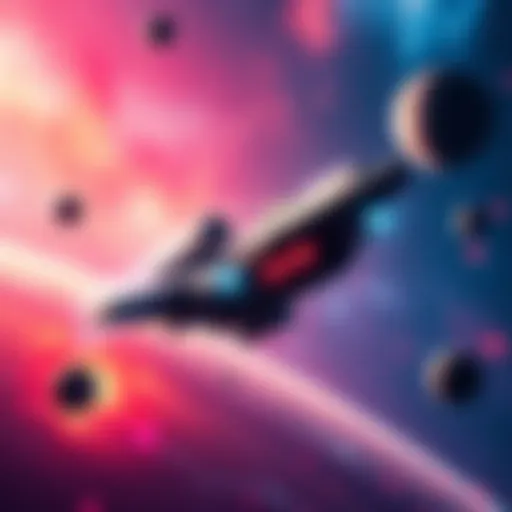 A large spaceship soaring through a colorful galaxy filled with stars and planets