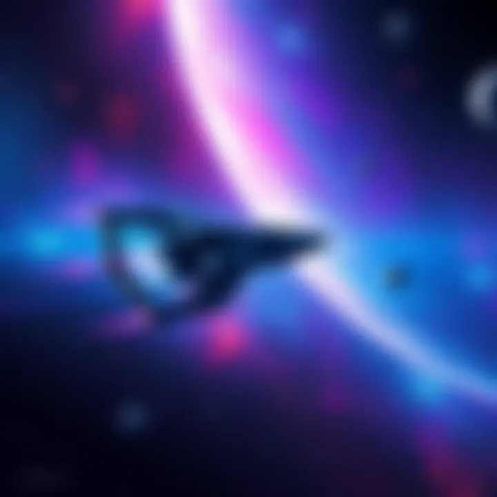 Spaceship in a galaxy A colorful spaceship traveling through vibrant stars and planets in a galaxy