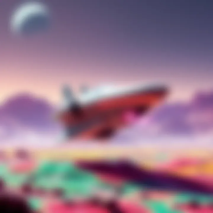 A futuristic spaceship gracefully landing on a vibrant alien planet with colorful terrain and a clear sky.