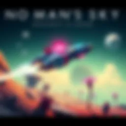 A colorful spaceship flying over a vibrant alien planet with unique plants and terrain.