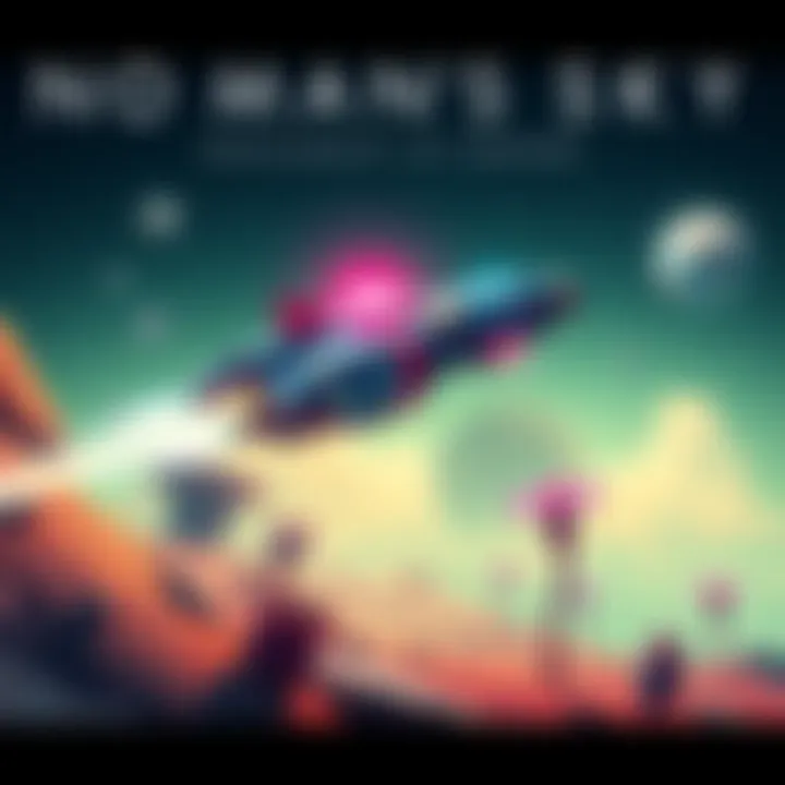 Spaceship in No Man's Sky A colorful spaceship flying over a vibrant alien planet with unique plants and terrain.