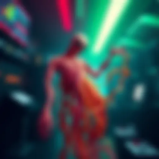 A character with elongated limbs and a tangled appearance, showing glitches in a colorful gaming environment.