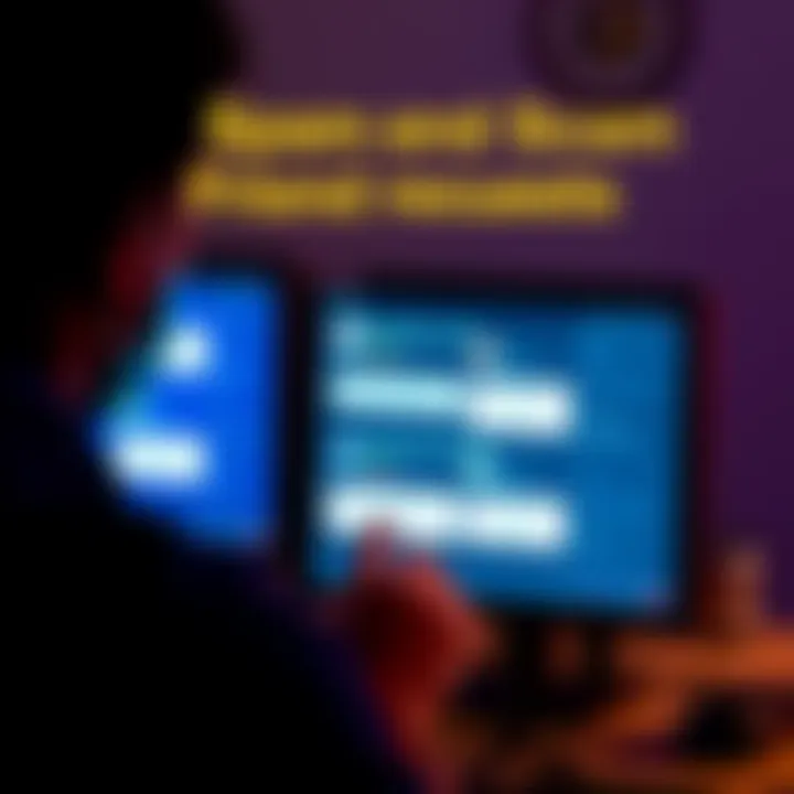 A person looking at a computer screen displaying multiple friend requests marked as spam or scam