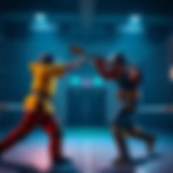 Two players sparring in a combat training arena, showcasing friendly competition with training weapons.