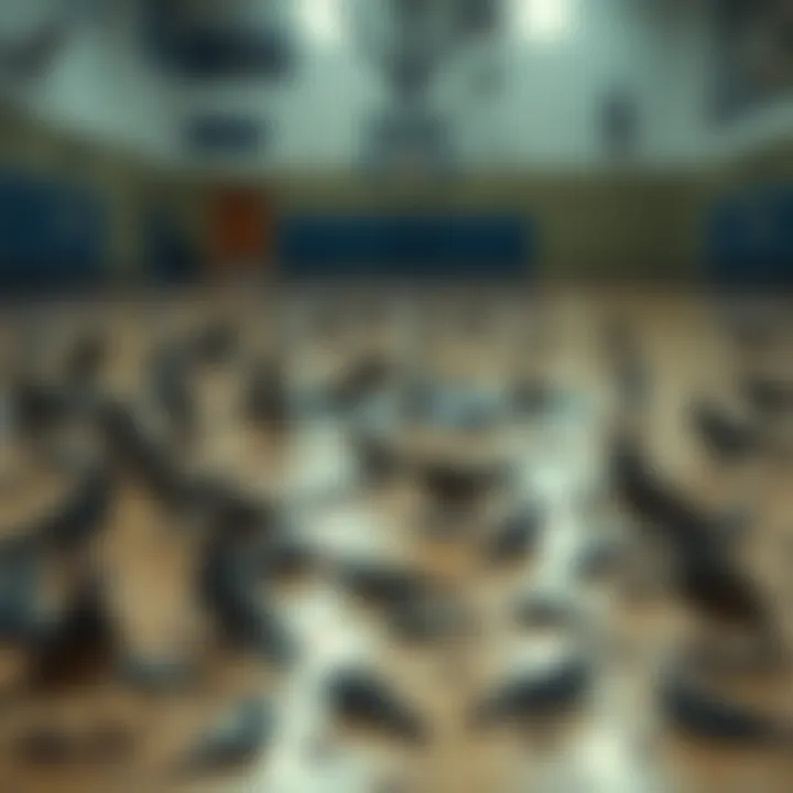 A close view of sparrows scattered across a gym floor, symbolizing carelessness and the need for community support.
