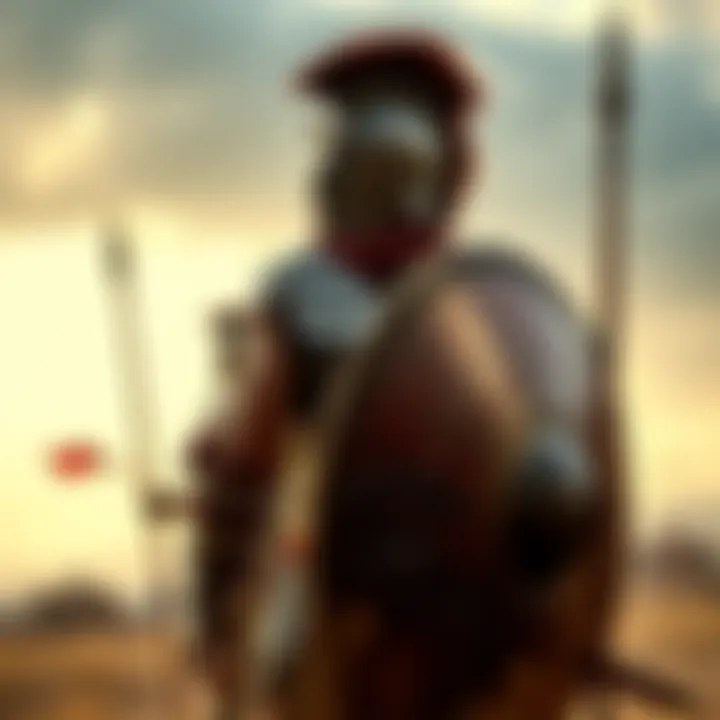 A Spartan warrior in armor stands ready with a shield, while an Athenian soldier with a spear looks on in a tense standoff