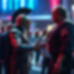 Spartan and Chief shake hands at a gathering, engaging in conversation with attendees around them.