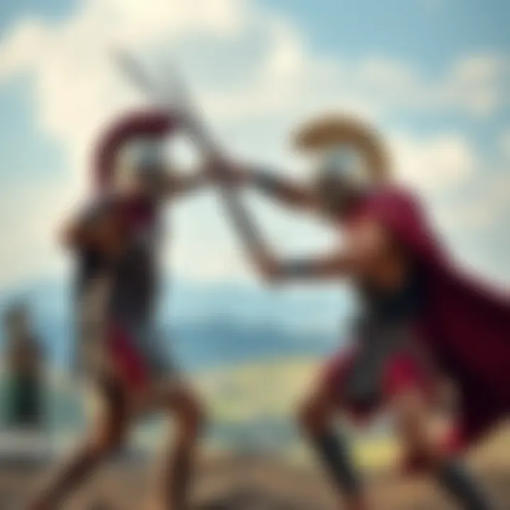 Two Spartan warriors engaged in a fierce duel with swords, wearing traditional armor and helmets, set in an ancient Greek landscape.