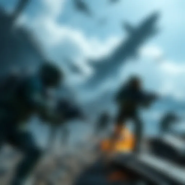 A group of Spartans engaged in a combat mission, showcasing their determination while facing challenges like hunger and time constraints. The backdrop includes wreckage from a ship crash.