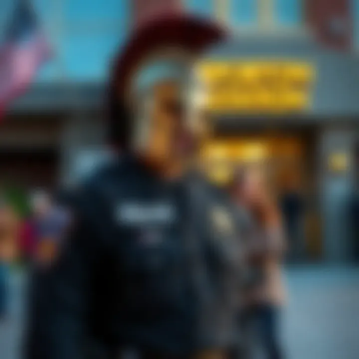 A Spartan officer in the New Alexandria Police Department uniform stands in front of a police station, smiling and engaging with community members.