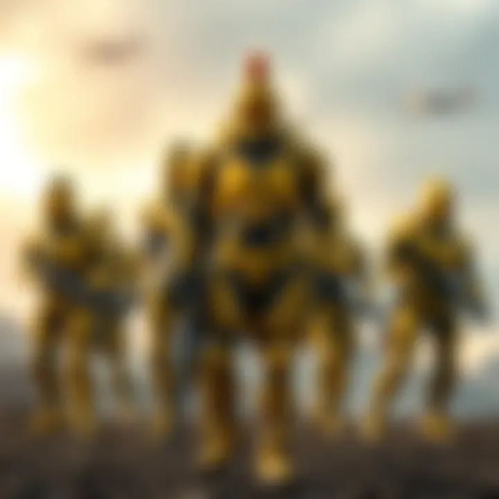 A group of Spartan-II soldiers in yellow armor standing strong, showcasing their unity and strength, set against a backdrop of a futuristic battlefield.