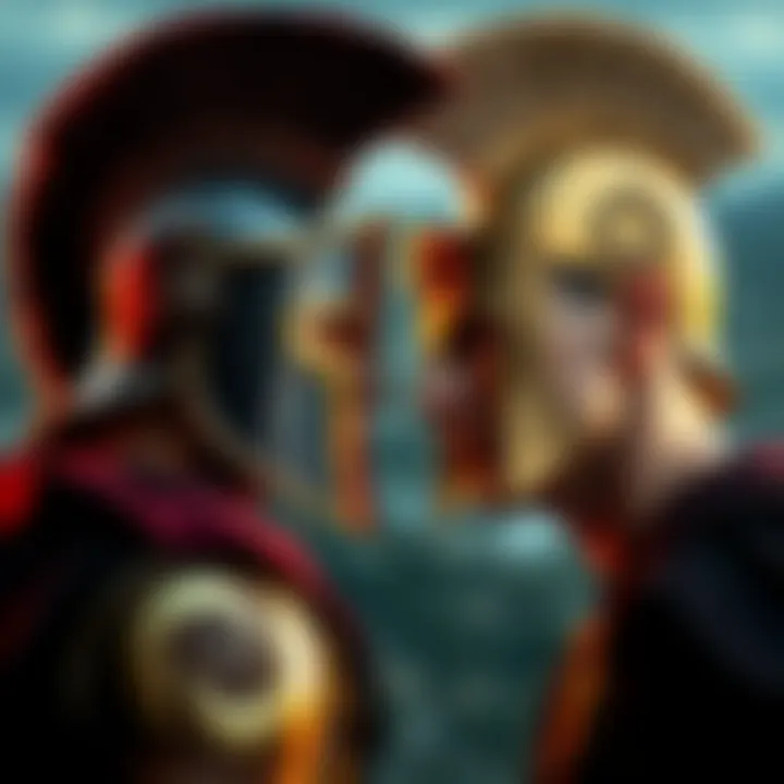 Two Spartans, one wearing a helm and the other showing a bare face, stand facing each other, showcasing their identities.