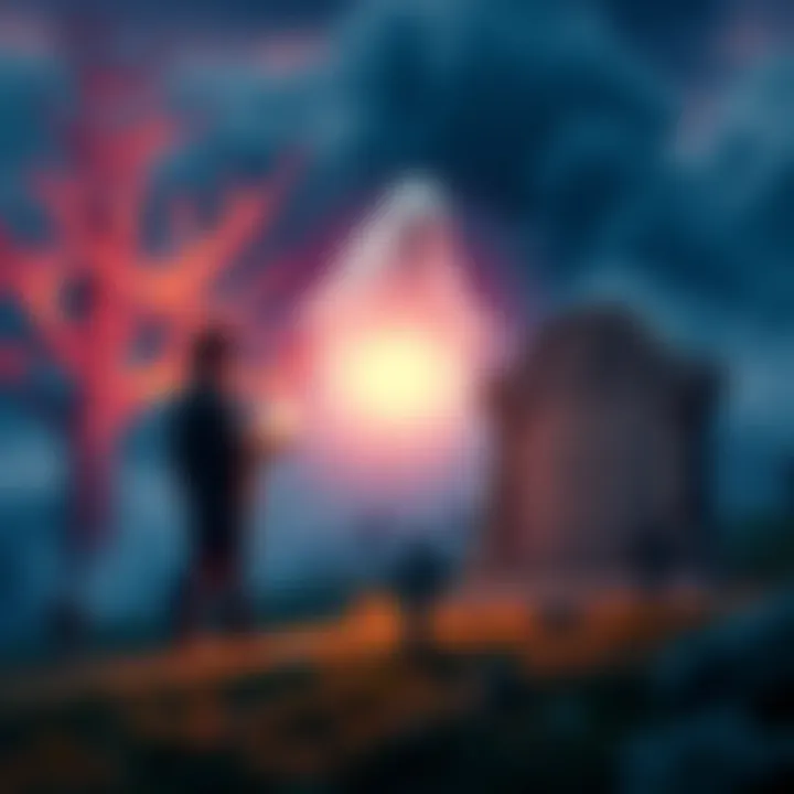 A person standing next to a grave, holding a glowing orb, while a ghostly figure appears above the tombstone, representing a conversation with the deceased.