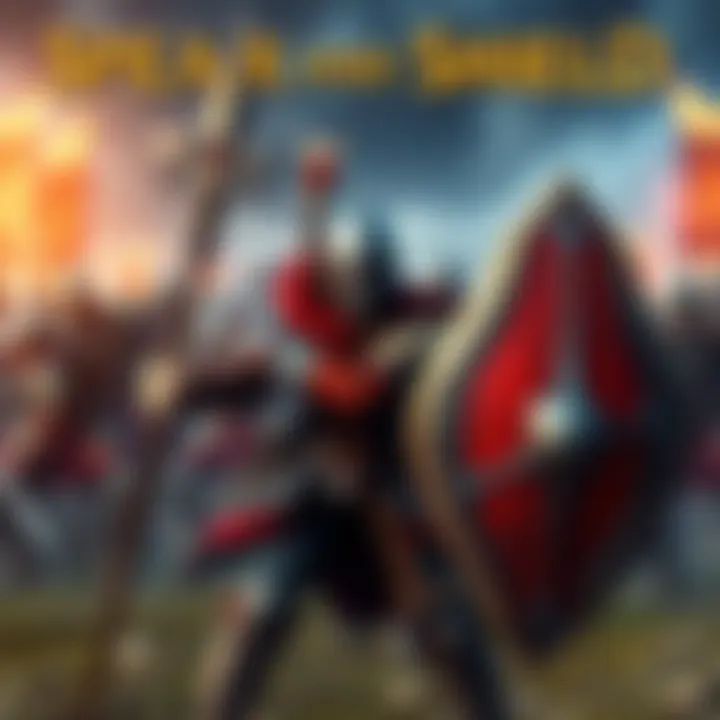 Spear and Shield Combat A character in battle stance holding a spear and shield, preparing for action in a gaming environment.
