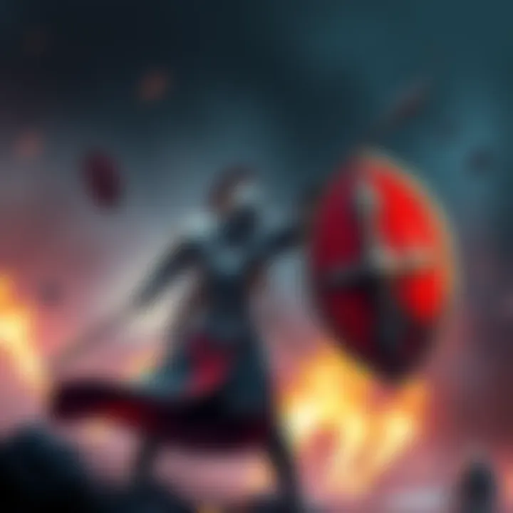 A warrior in armor wielding a spear and shield engaged in battle, set in a fantasy setting with vibrant colors