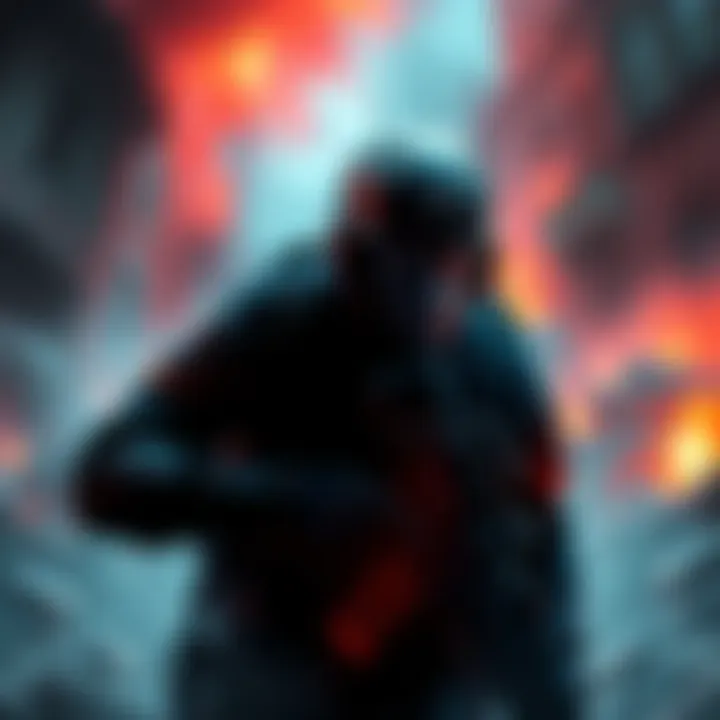A dramatic scene from a video game depicting a soldier in a war-torn environment, with intense colors and emotional expressions