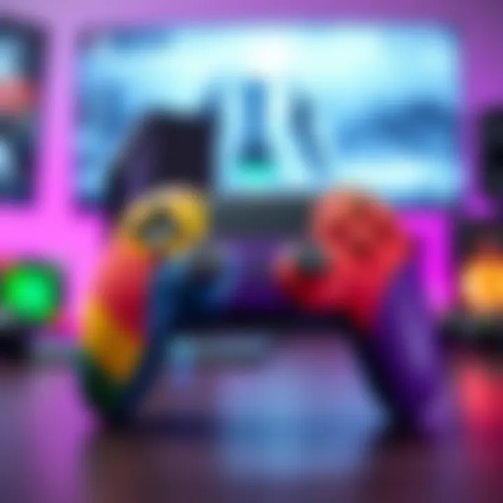 A close-up view of a vibrant special edition controller highlighting its unique design and colors against a blurred gaming setup background.