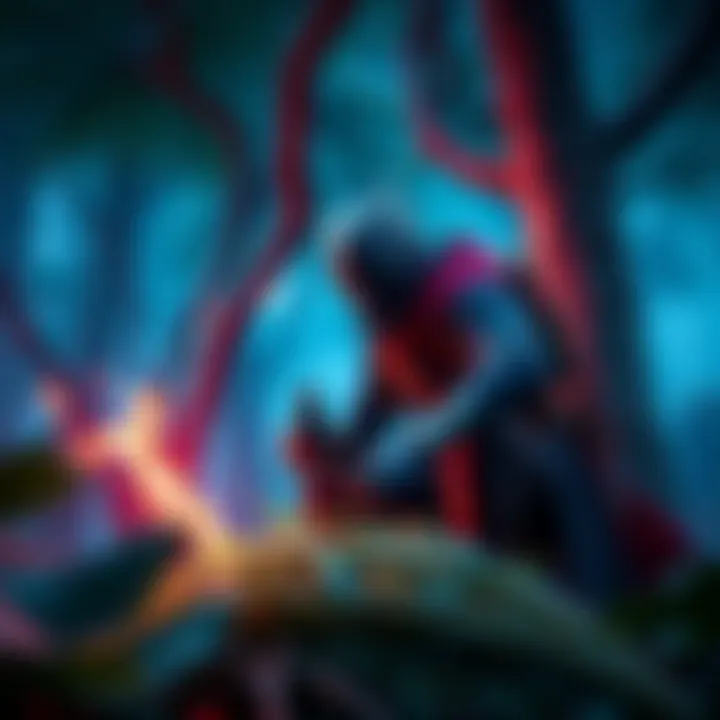 Spectre in the early game A game character named Spectre farming in a jungle area, surrounded by trees and enemies, focused on survival and strategy.