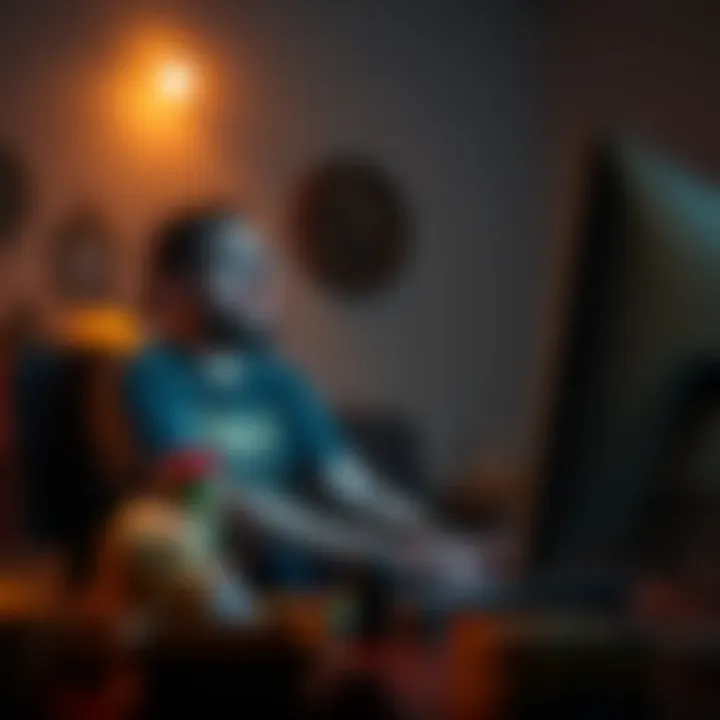 Speed sitting in front of a computer, watching The Walking Dead with emotional expressions, snacks and drinks around him, showing signs of intense engagement during the 35-hour marathon.