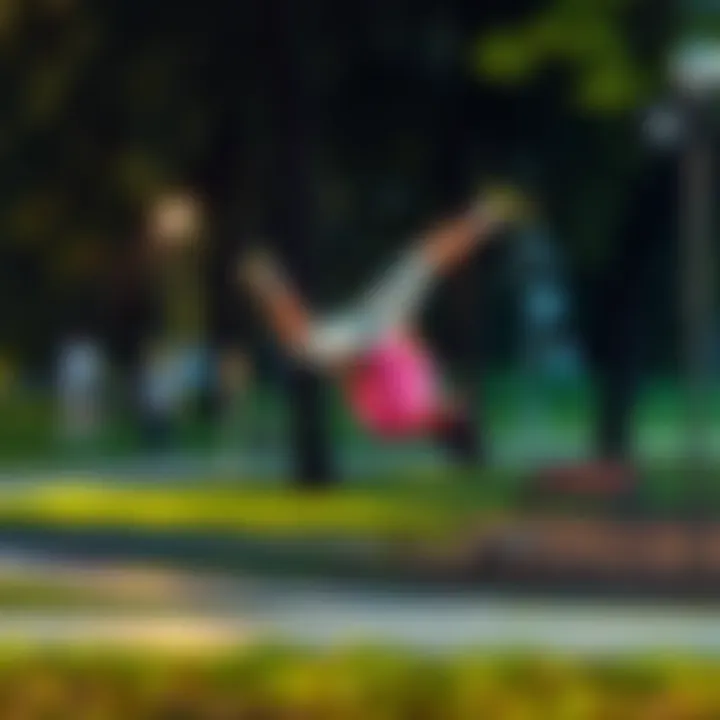 A person performing a speedflip maneuver in a park, showing proper technique and form while airborne.