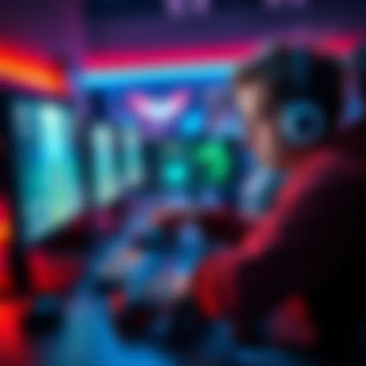 A beginner speedrunner focused on a computer screen, with game controllers nearby, practicing techniques to improve their gaming skills.