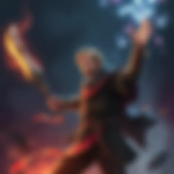 Spellcaster with a Weapon A spellcaster in a mystical setting holds a powerful weapon in one hand while casting a spell with the other hand raised, surrounded by magical energy. The scene highlights the tension between wieldin...