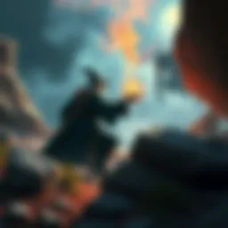 A wizard character prepares to cast a spell while hiding behind a rock, watching a stealthy enemy approach.