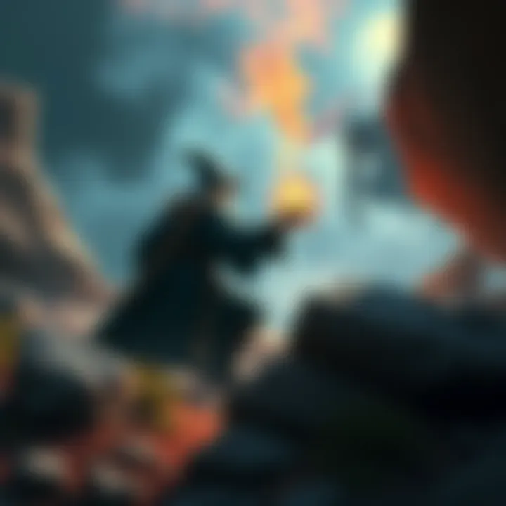 A wizard character prepares to cast a spell while hiding behind a rock, watching a stealthy enemy approach.