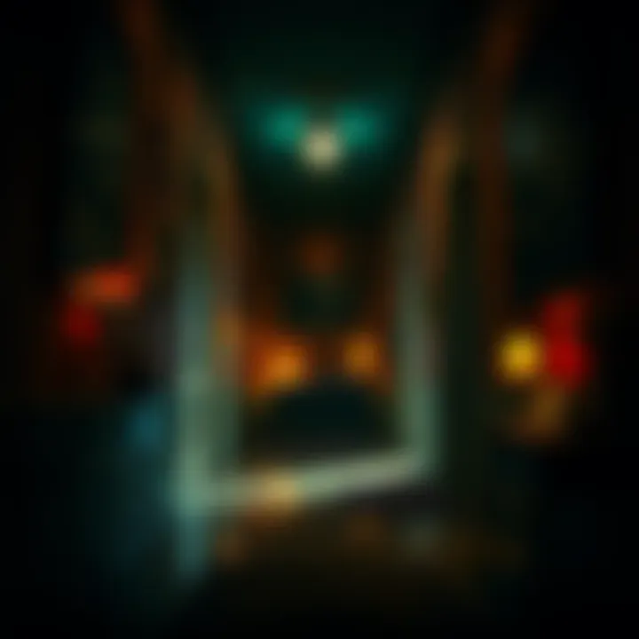 A dimly lit hallway of the Spencer Mansion with vintage decor and a shadowy atmosphere.
