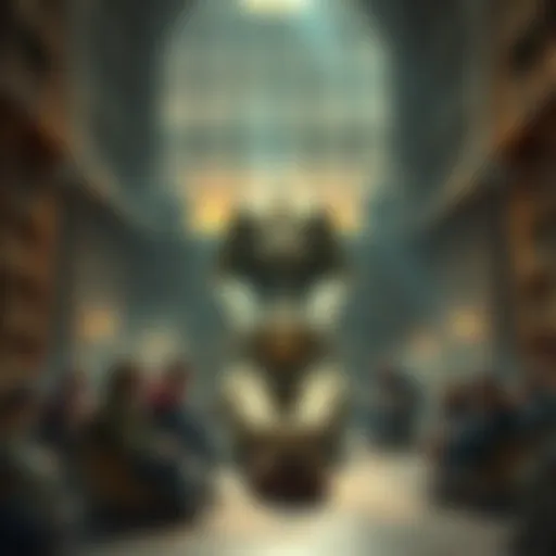 A Sphinx sitting in a library surrounded by adventurers contemplating a riddle.