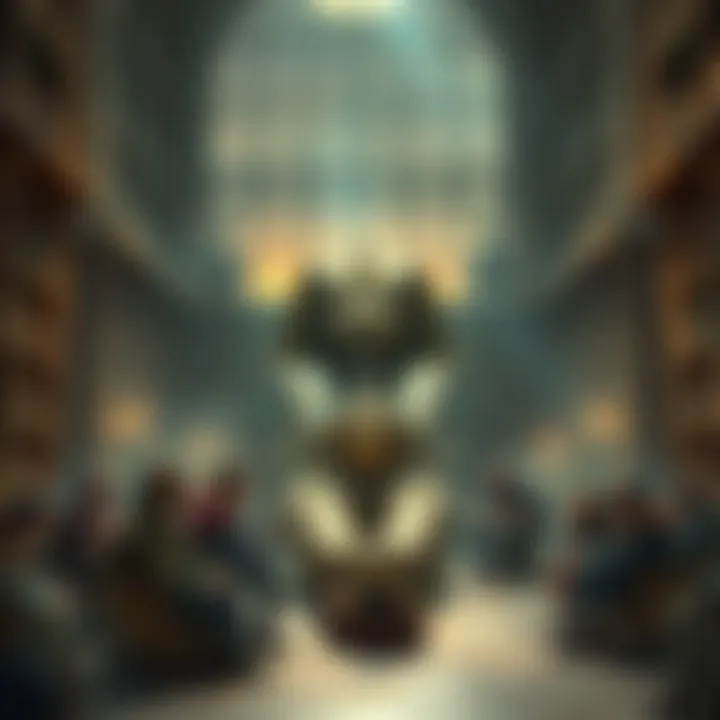 A Sphinx sitting in a library surrounded by adventurers contemplating a riddle.