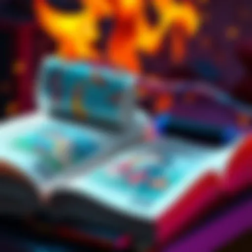 A vibrant book cover featuring a stack of open books with romantic and adventurous themes. Some pages are turning, with colorful illustrations depicting action and excitement. There are flames in the ...