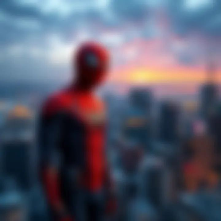 Spider-Man on a city rooftop looking concerned Spider-Man stands on a rooftop overlooking the city, his posture showing worry about unresolved storylines.