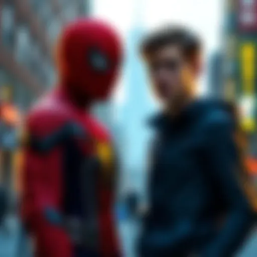 Peter Parker discussing Dr. Connors and his family with an uncertain expression in a city setting
