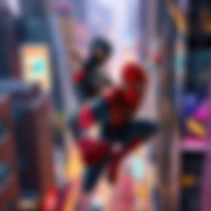 Spider-Man and Silk swinging through the city, showcasing their agility and teamwork in a vibrant urban setting.