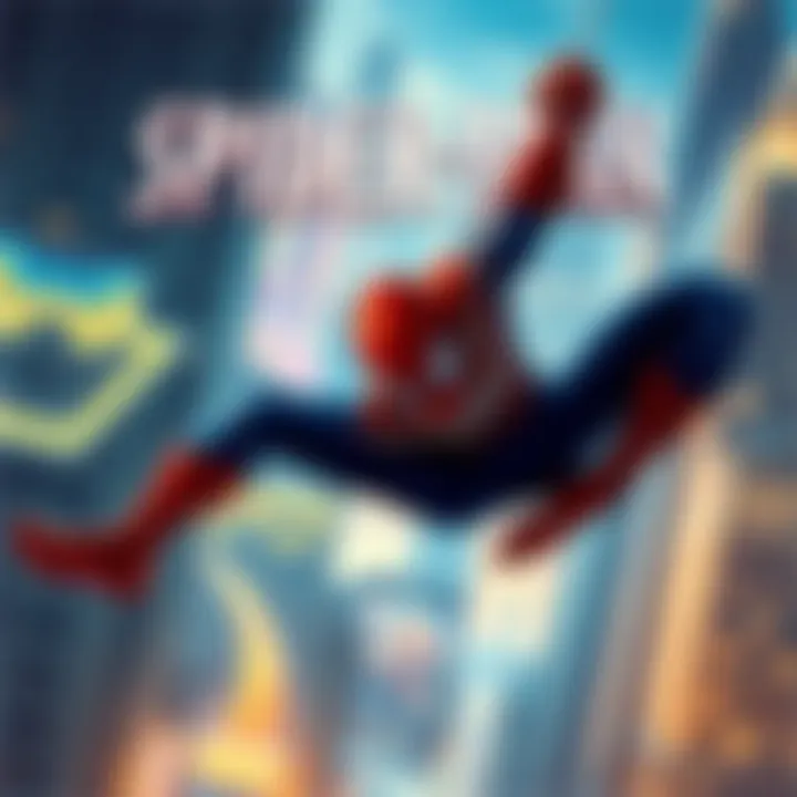 Spider Man PS1 game cover Cover art of Spider Man on PS1 showing Spider Man swinging through the city